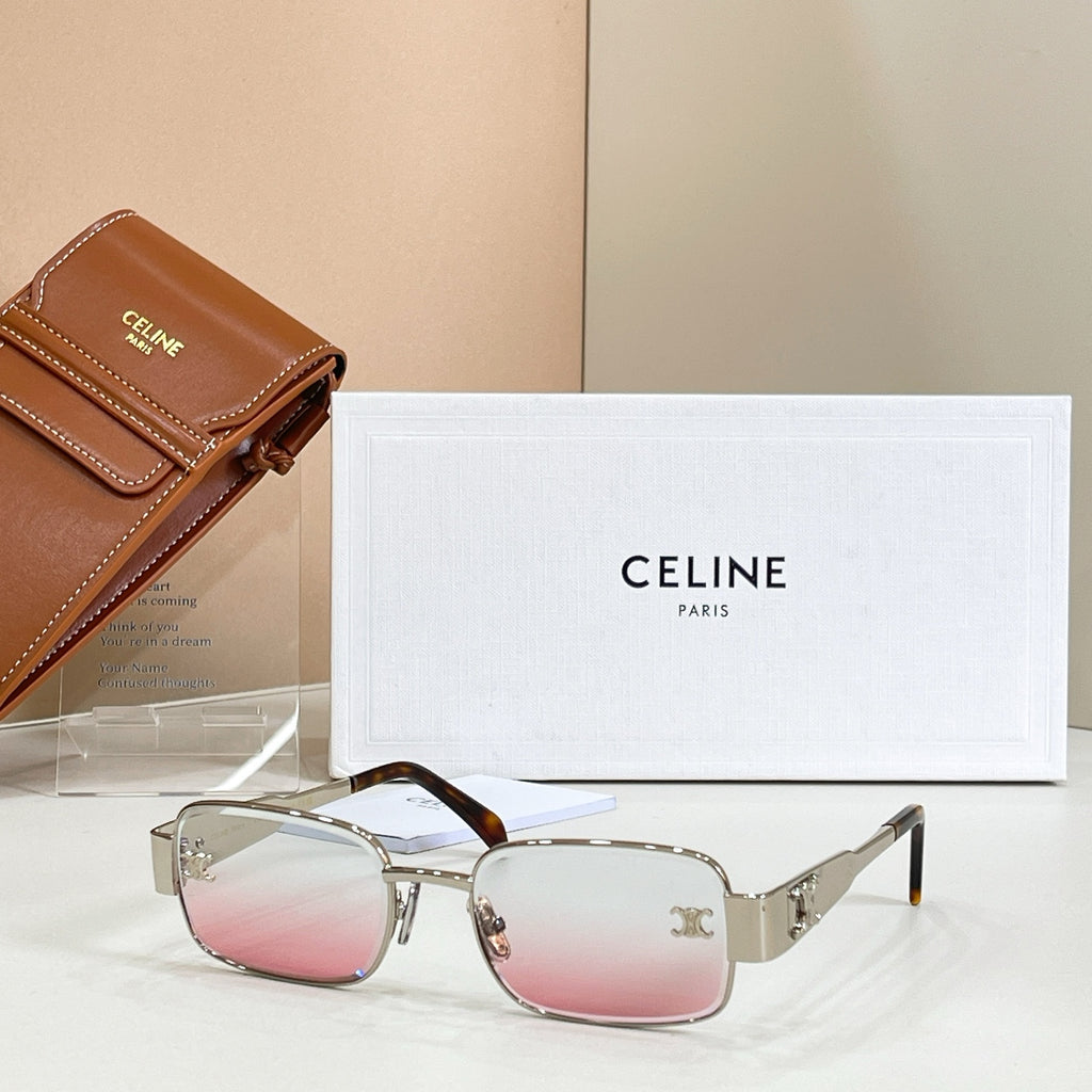 Square sunglasses with clear/metal frame and pink tinted lenses
