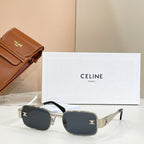 Square sunglasses with black frame, gold accents, and dark tinted lenses