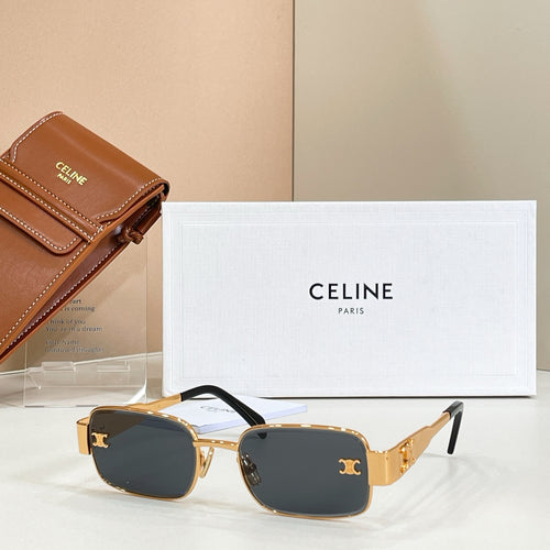 Square sunglasses with gold-tone frame, black temples, and dark tinted lenses
