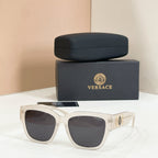 White sunglasses with square frames and dark lenses