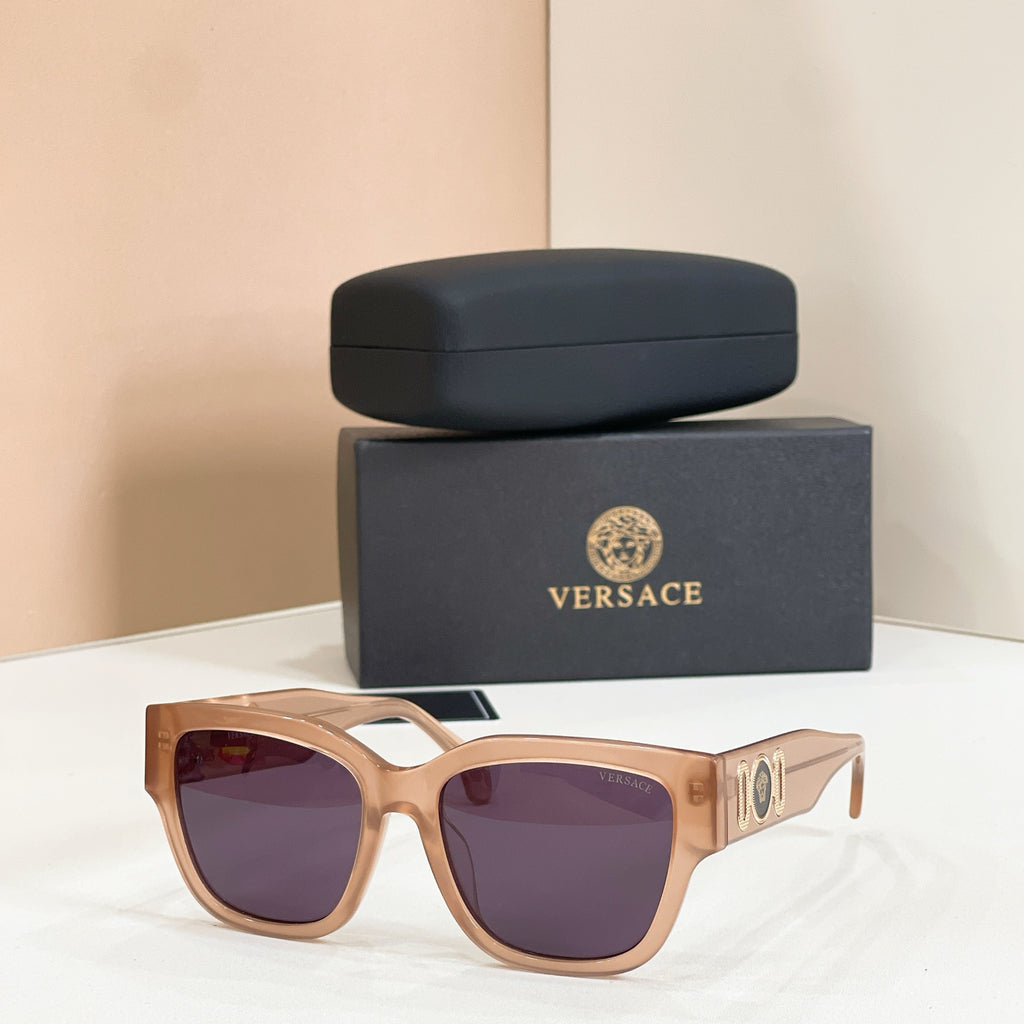 Beige sunglasses with square frames and dark purple lenses