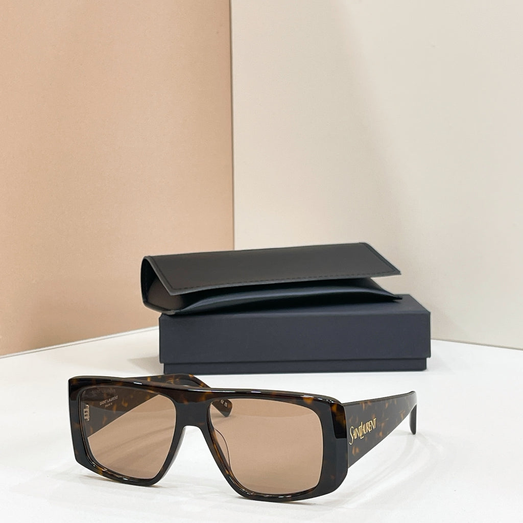 YSL sunglasses with tortoiseshell frame and light-tinted lenses, with black case