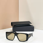 YSL sunglasses with black frame and reflective light lenses, with black case