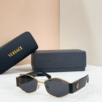 Versace octagonal sunglasses, gold frame with navy arms and dark gray tinted lenses