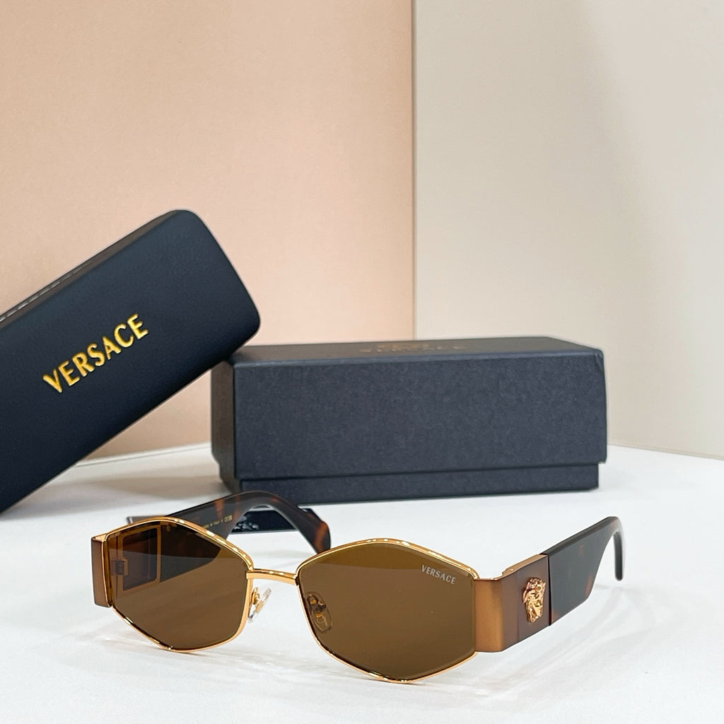 Versace octagonal sunglasses, gold frame with navy arms and amber-brown tinted lenses