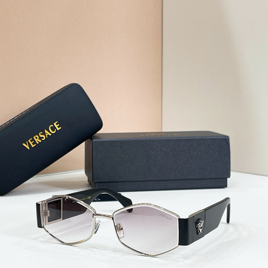 Versace octagonal sunglasses, silver frame with black arms and pale pink tinted lenses