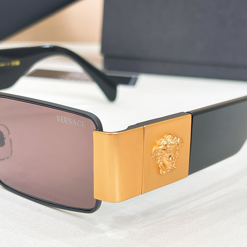 Sunglasses temple close-up with gold panel and engraved lion emblem.