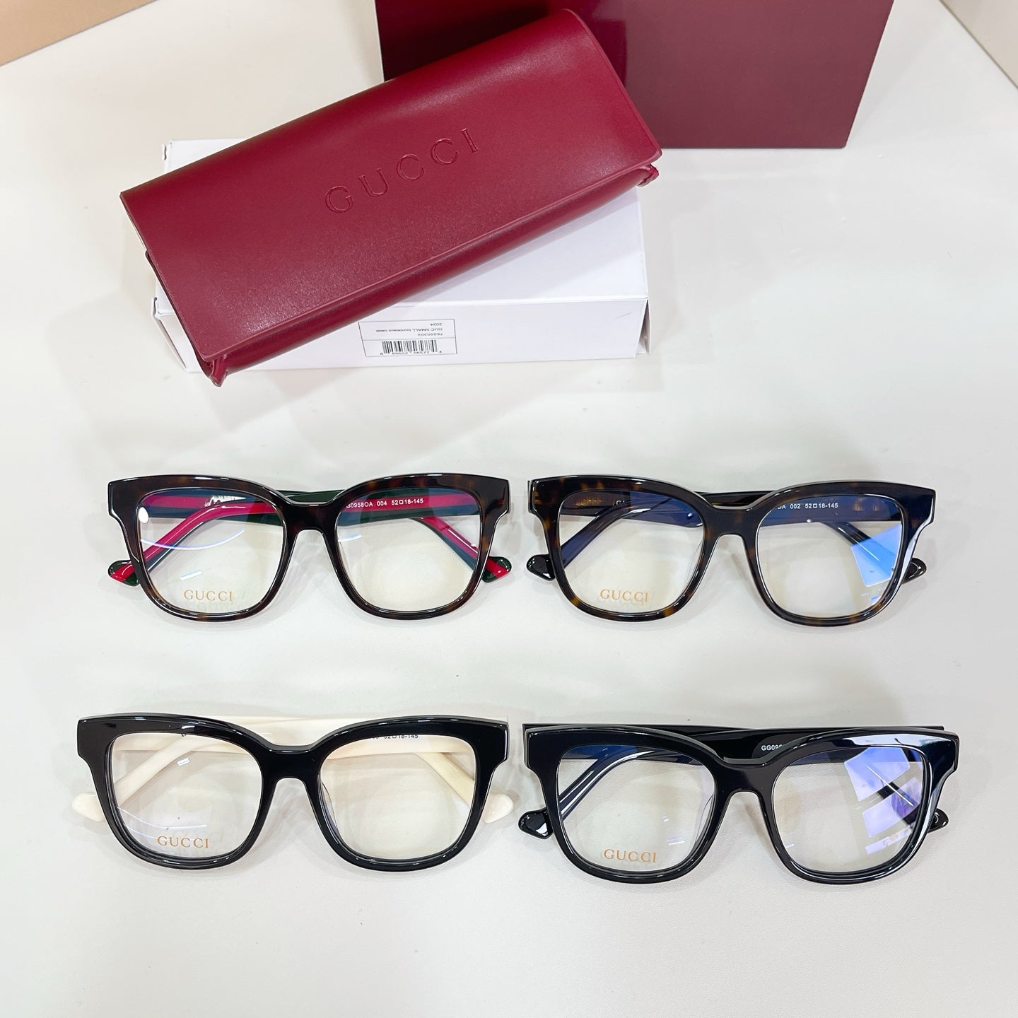 Gucci acetate glasses set of two pairs: black red and black blue frames, clear lenses