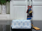 Light blue monogram canvas bag with tan leather strap and top zipper