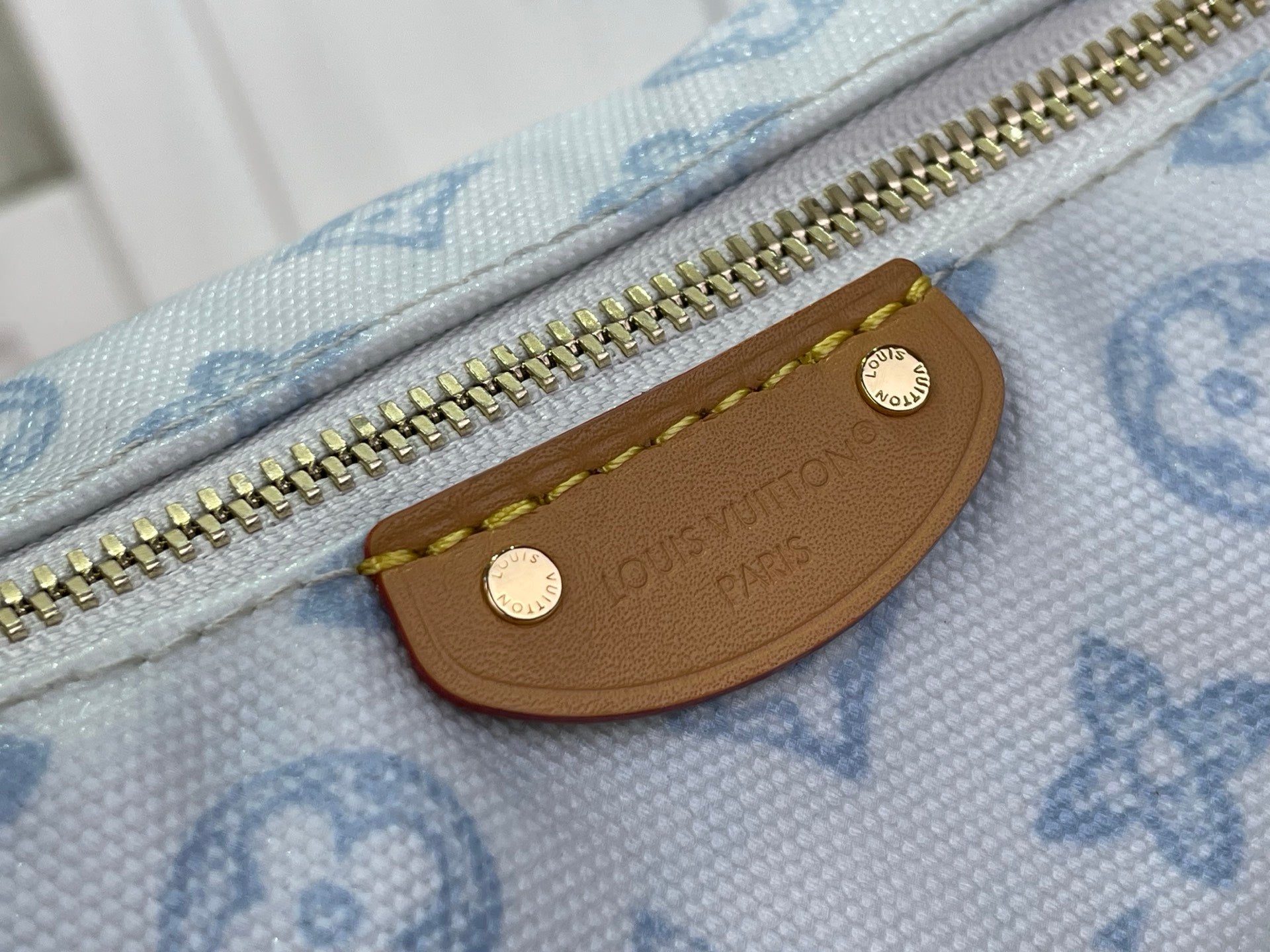 Tan leather zipper pull patch on light blue monogram canvas bag