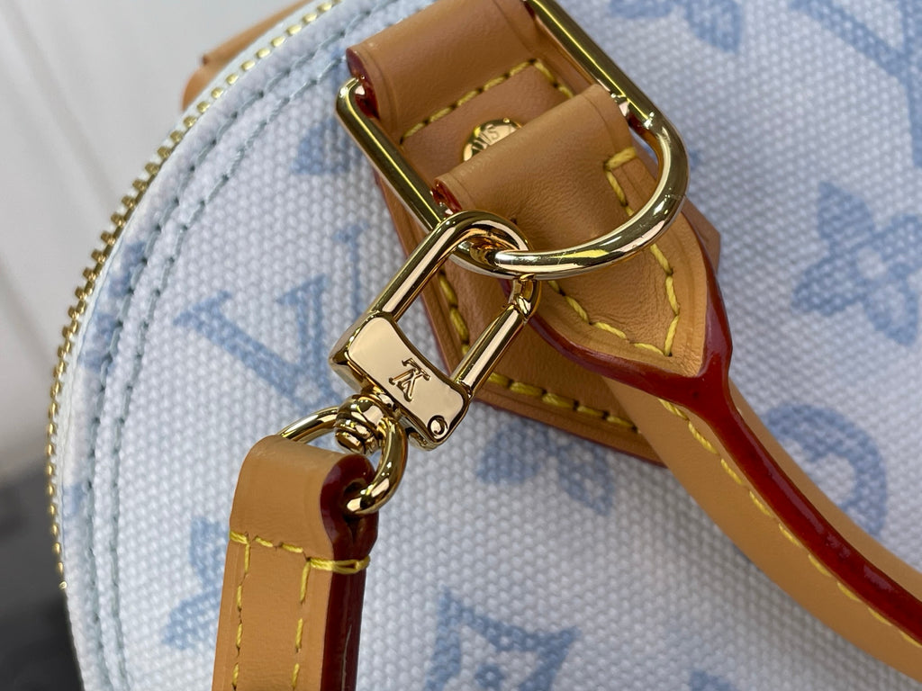 Blue monogram bag with tan strap and gold swivel clasp hardware detail.