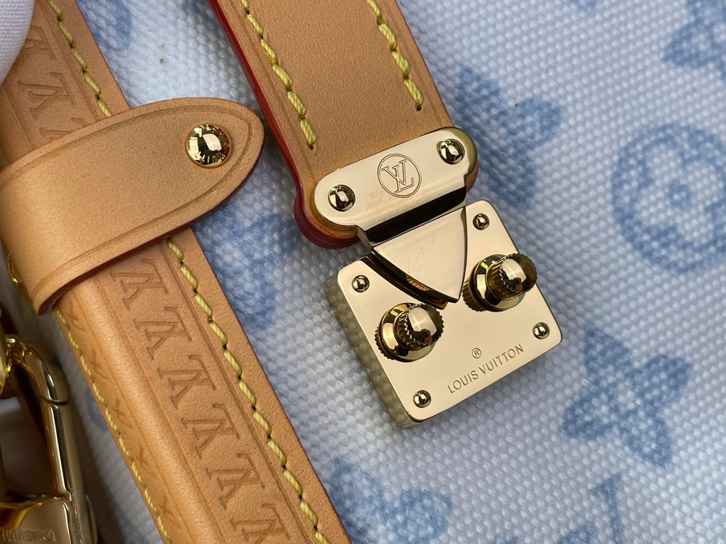 Blue monogram handbag close-up: tan leather strap with gold buckles and logo plates
