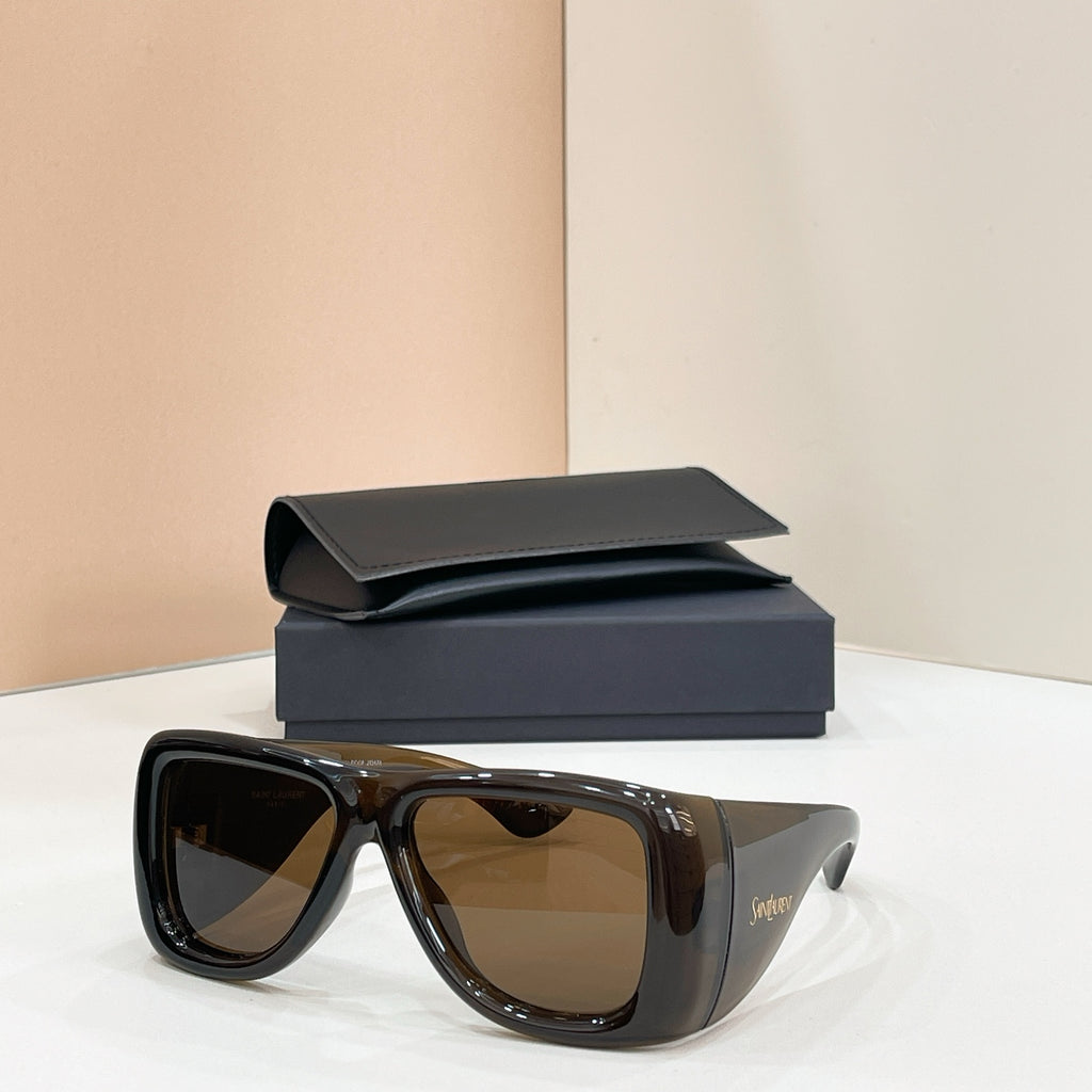 Sunglasses with dark lenses and dark tortoise frames, with case behind