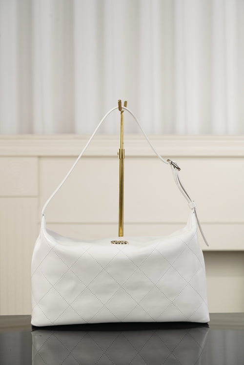 Chanel white quilted hobo shoulder bag with top handles and gold hardware