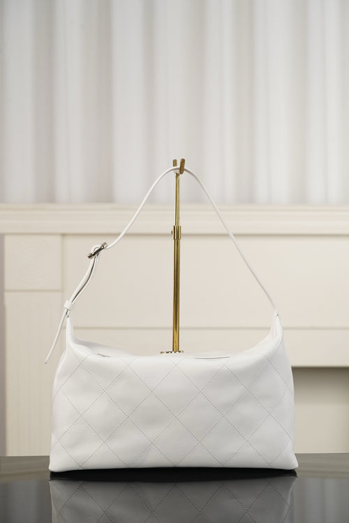 Chanel white quilted hobo shoulder bag with top handle and shoulder strap hardware