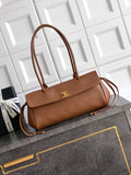 Chanel brown leather handbag with top handles, front flap, and gold logo