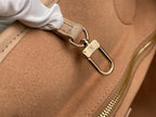 Louis Vuitton taupe tote bag with gold-tone carabiner clip and interior seam