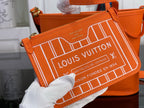 Orange bag detail: striped logo card holder pocket with wrist strap