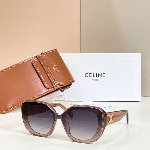 Brown round sunglasses with tortoise-look frames and gold logo arms
