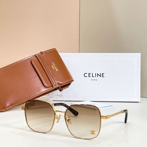 Celine sunglasses with round gradient lenses, gold-tone frame, and chain-link temple arms