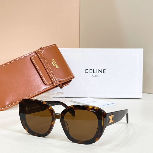 Brown round sunglasses with gold-tone logo on the arms