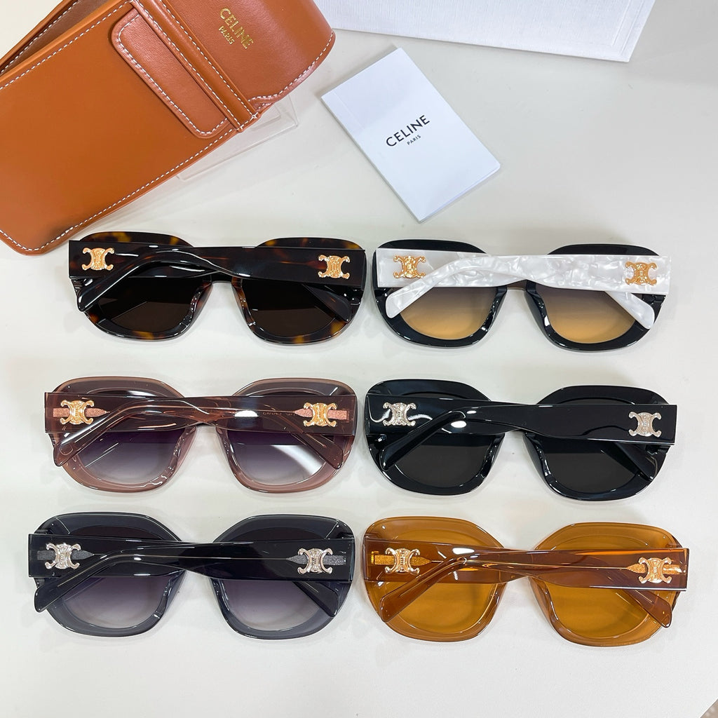 Set of round sunglasses with patterned frames in black, brown, and amber