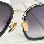 Sunglasses close-up: gold-tone hinge hardware and logo on temple
