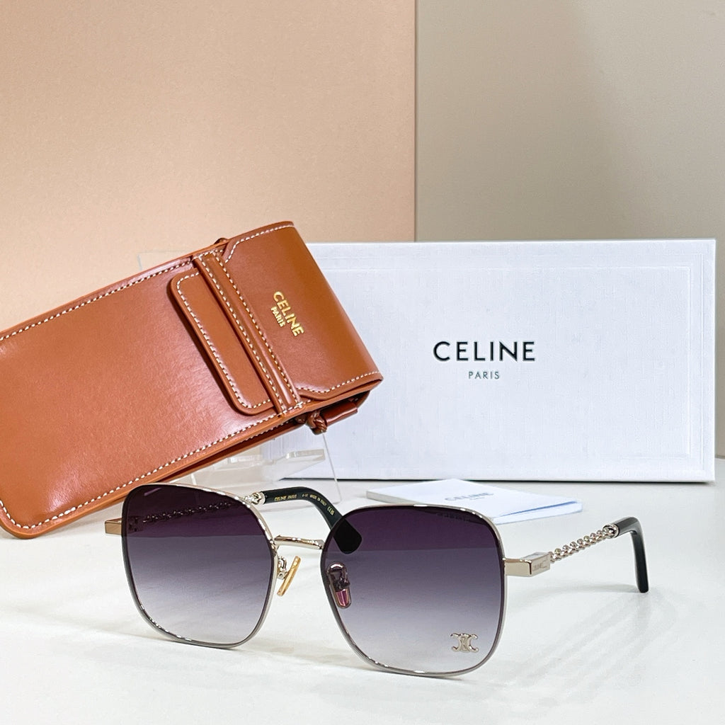 Sunglasses with round purple gradient lenses, gold-tone frame, and chain-link temple arms