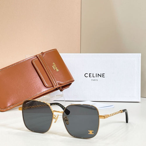 Sunglasses with round dark gradient lenses, gold-tone frame, and chain-link temple arms