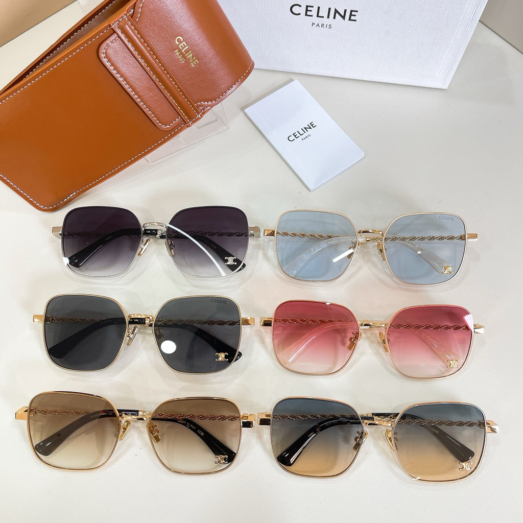 Assorted sunglasses with gold-tone frames, mixed gradient lenses, and chain-link temple arms