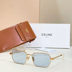 Gold-tone square sunglasses with light blue lenses and chain temples