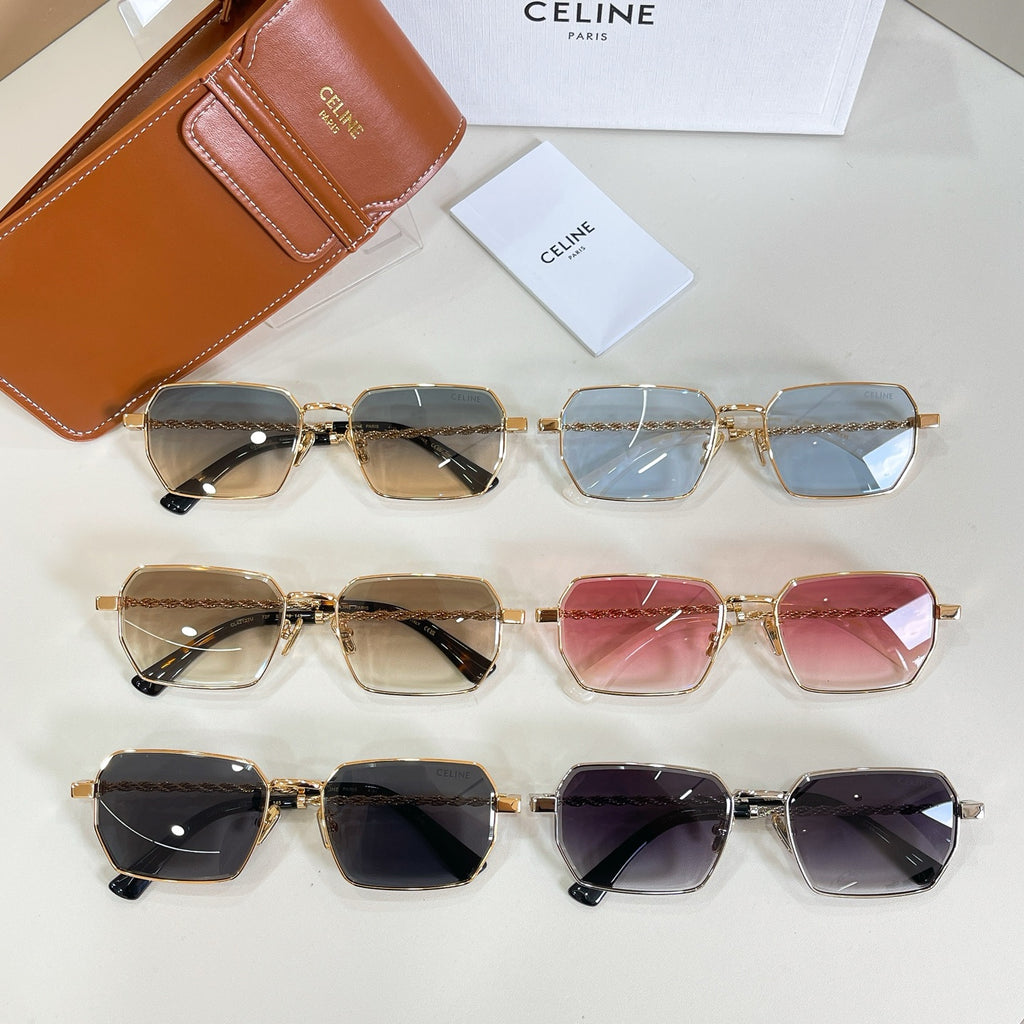 Assorted gold-tone square sunglasses with colored lenses and chain temples