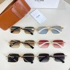 Assorted square sunglasses with gold frames, colored lenses, and chain temples
