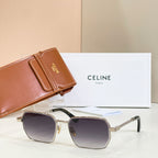 Gold-tone square sunglasses with dark gray lenses and chain temples