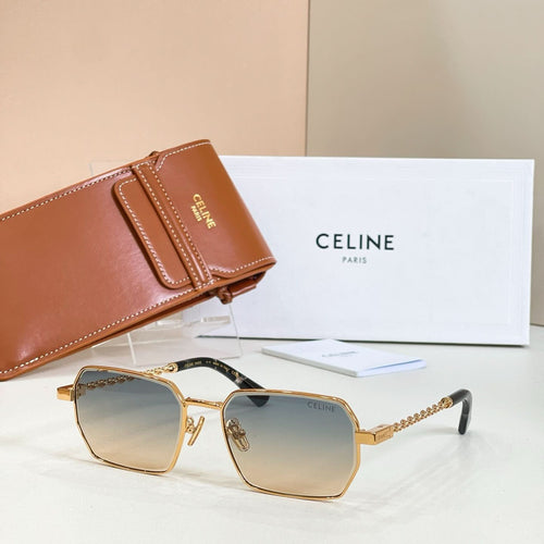Gold-tone square sunglasses with brown gradient lenses and chain temples
