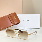 Gold-tone square sunglasses with light tan lenses and chain temples