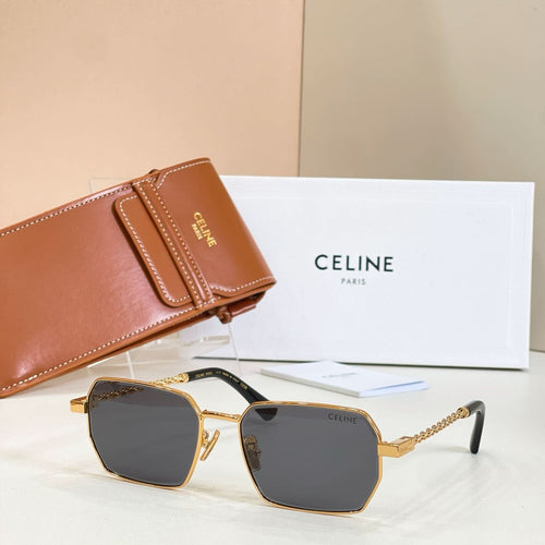 Gold-tone square sunglasses with dark lenses and chain temples