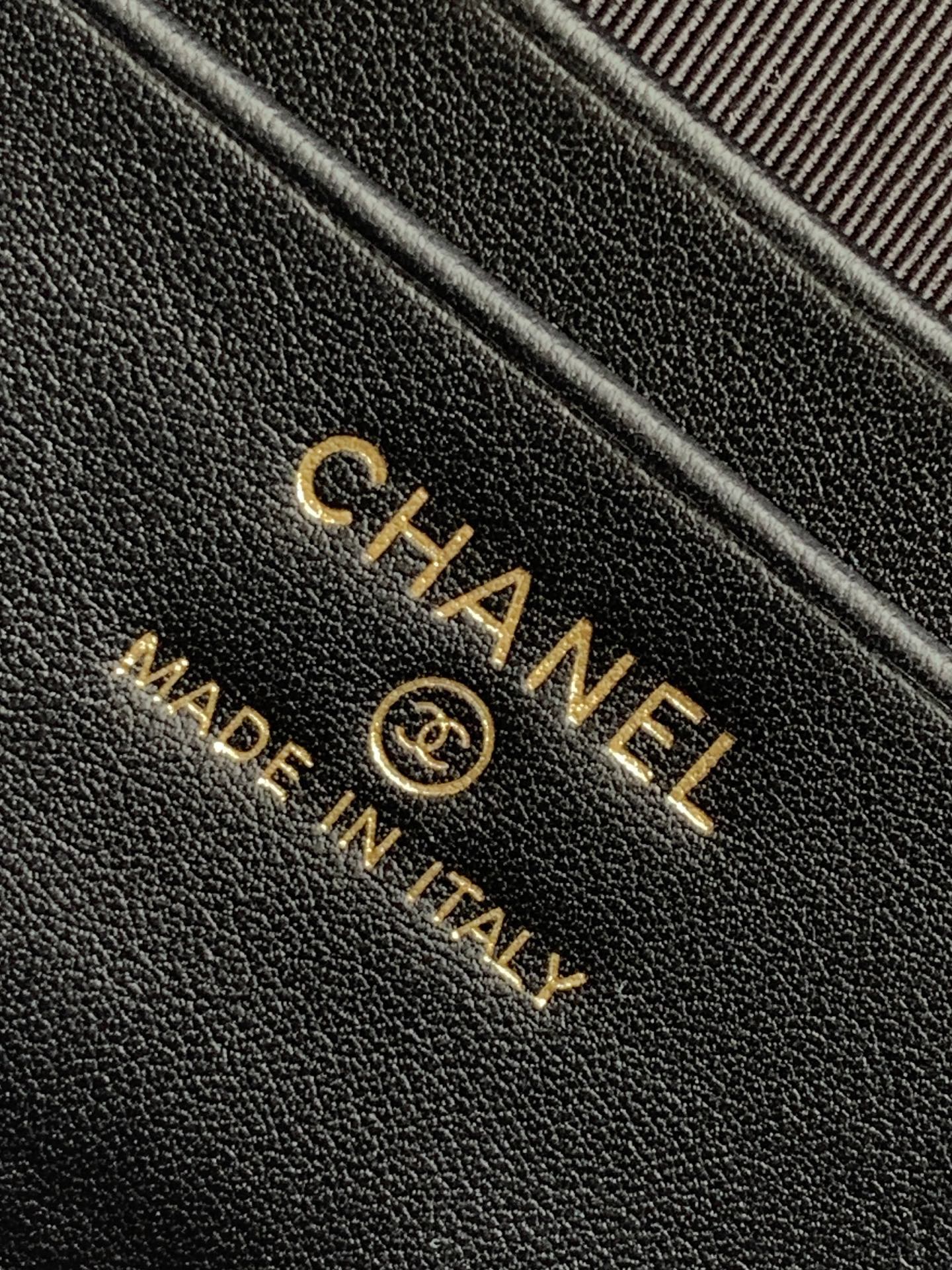 CHANEL and MADE IN ITALY text on black quilted leather