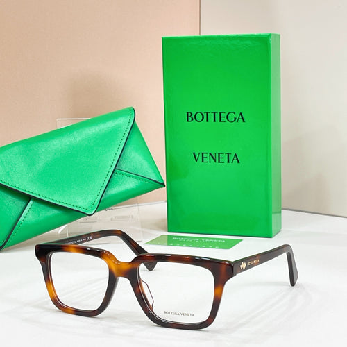 Bottega Veneta eyeglasses with dark tortoiseshell frames and clear lenses