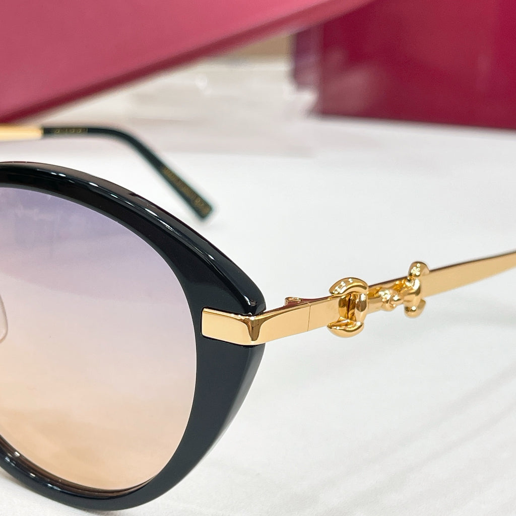 Black sunglasses temple with gold-tone bar accents and tinted lens edge