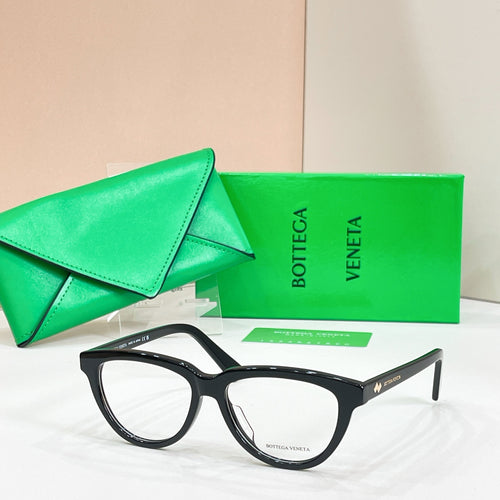 Black rectangular eyeglasses with clear lenses, Bottega Veneta logo at temple arms.