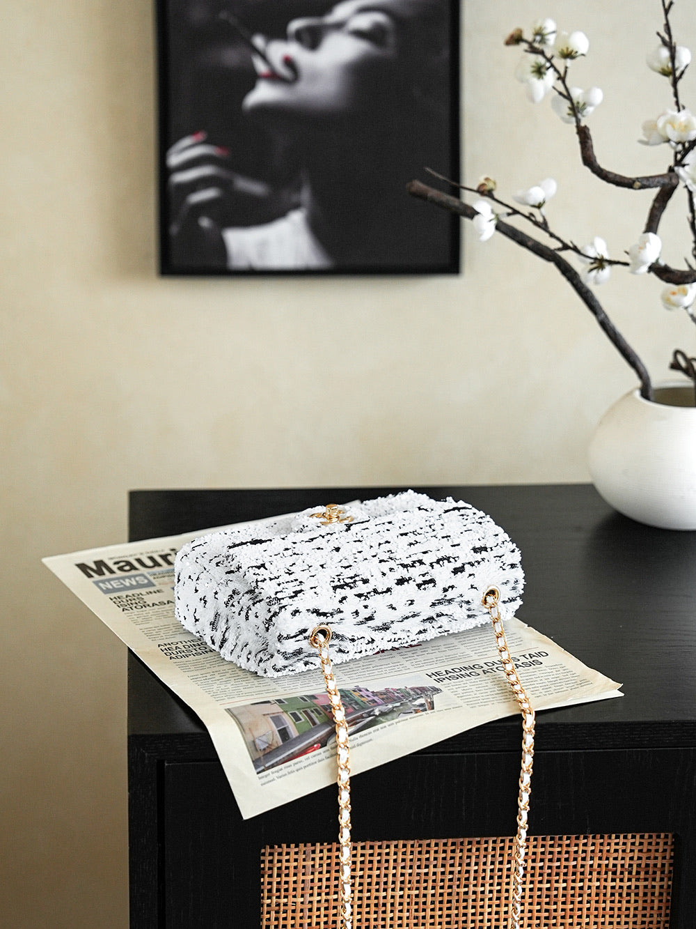 Chanel tweed flap bag, white black speckles, gold chain strap and clasp detail