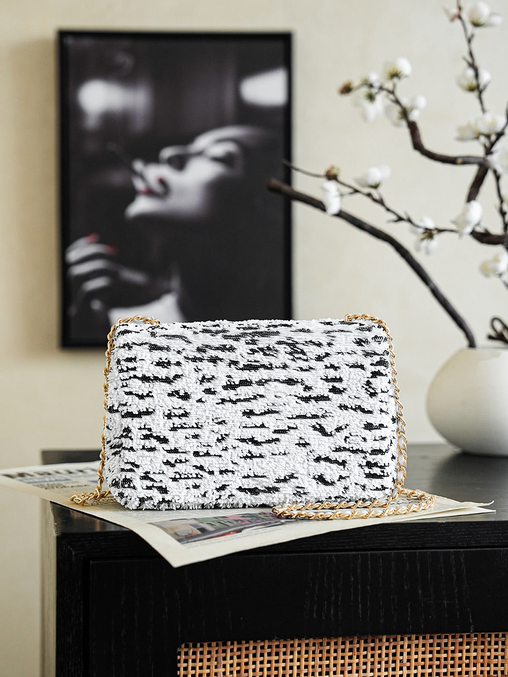 Chanel tweed flap bag, white black speckled texture and gold hardware, small size