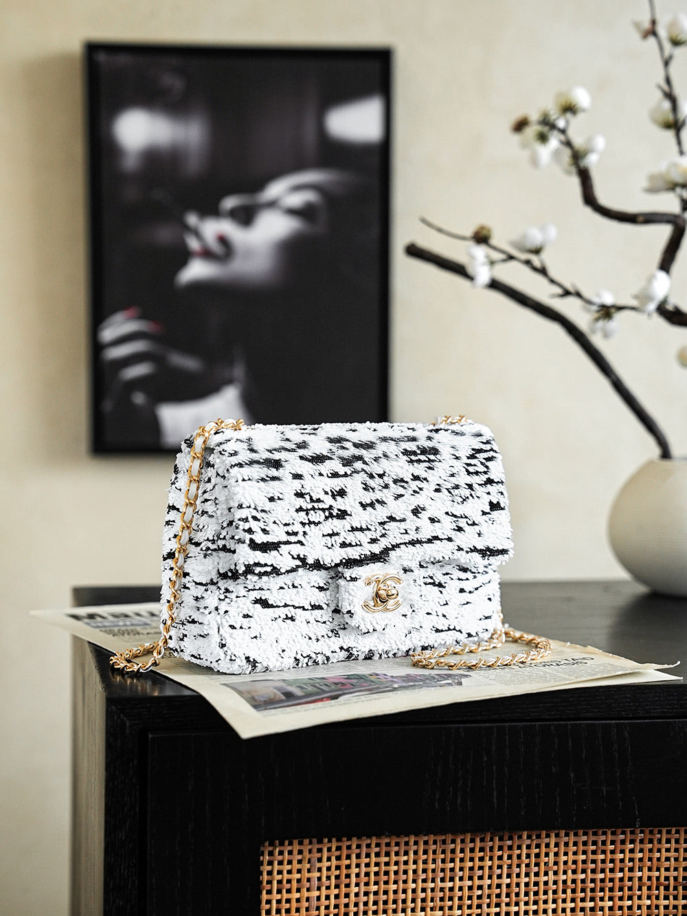 Chanel tweed flap shoulder bag, white black speckled, gold top clasp and chain
