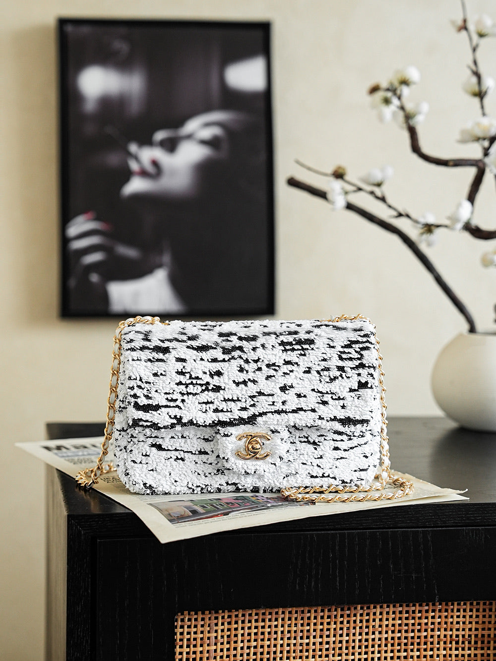 Chanel tweed flap bag with chain strap, white with black speckles, gold clasp