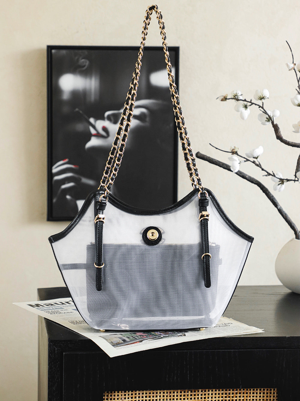 Light and dark Chanel tote bag with gold chain handles and CC logo on front