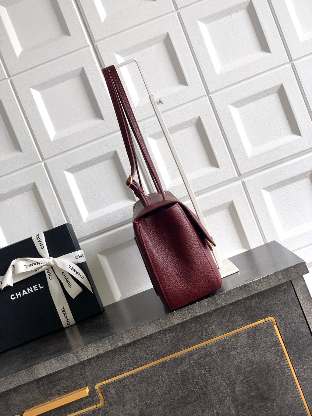 Chanel mini shoulder bag in burgundy textured leather with long strap