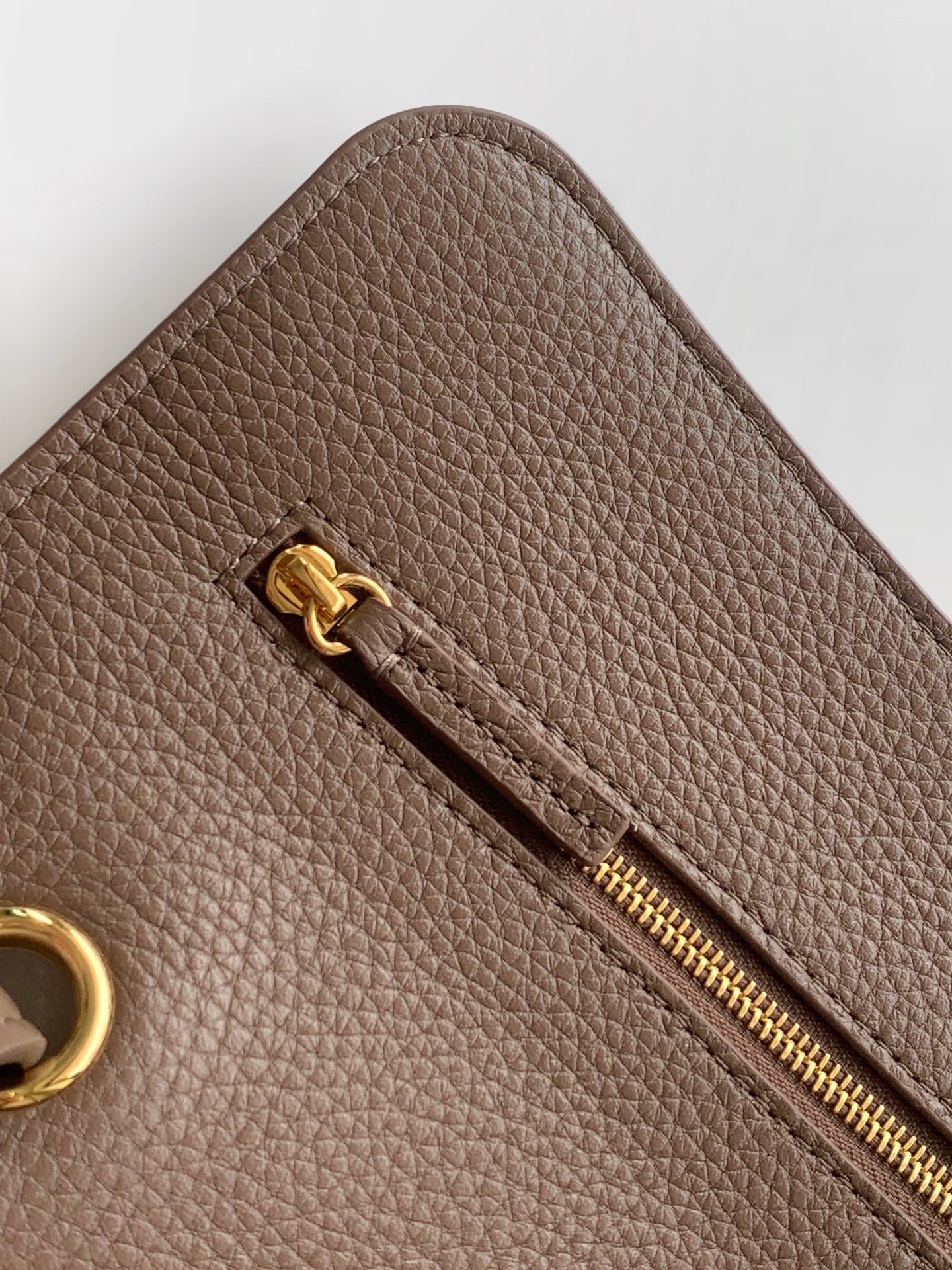Chanel bag detail: taupe leather with gold zipper and tab hardware
