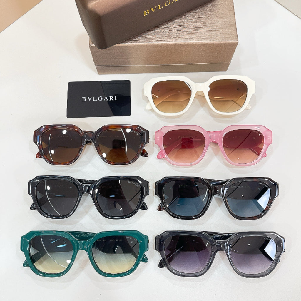 Assorted Bvlgari square sunglasses with white, pink, tortoise, black, green frames