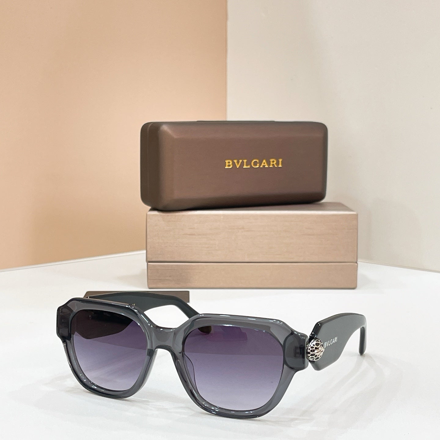 Bvlgari square sunglasses, dark gray frames with purple-tinted lenses